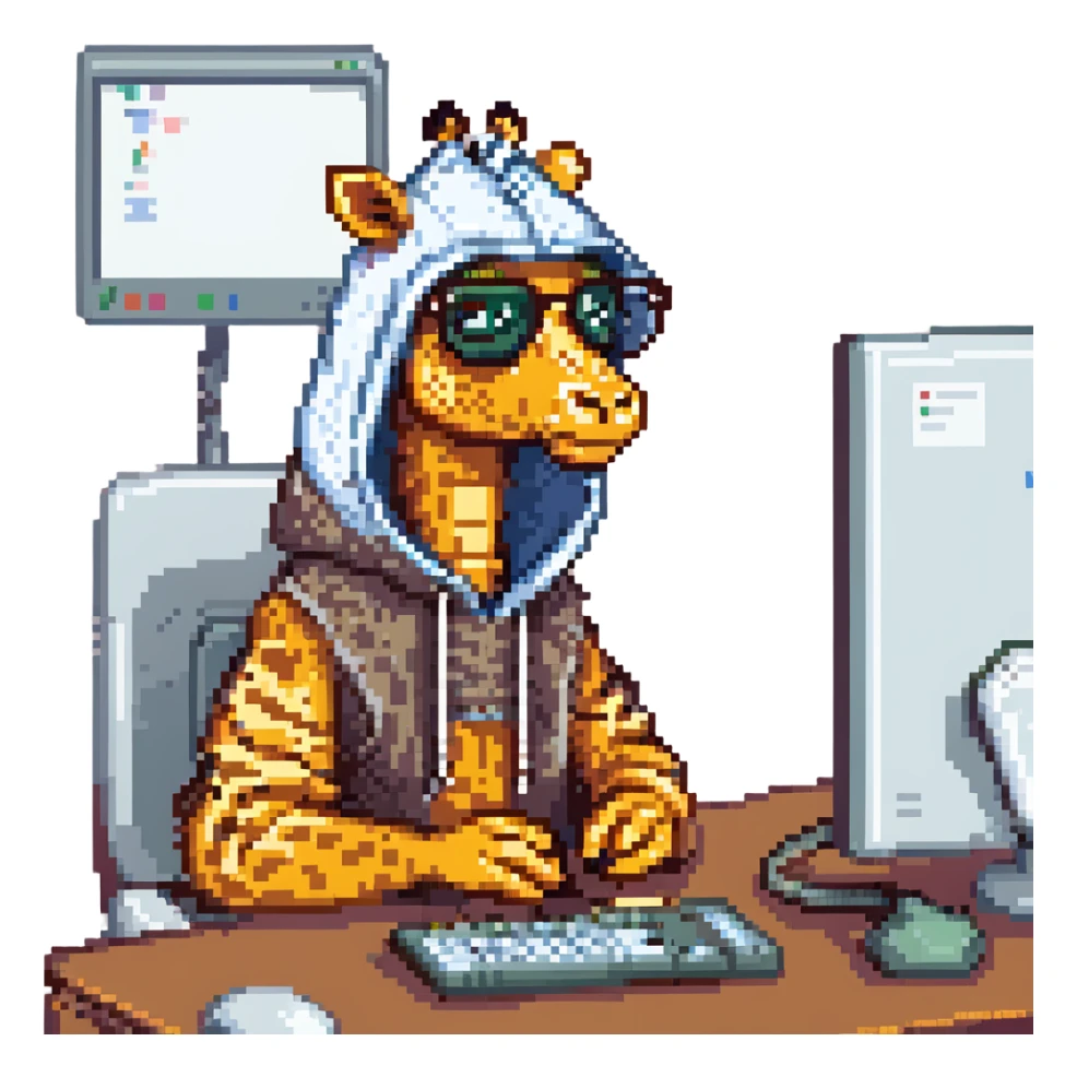 pixel art of a giraffe with a beard, glasses, and a hood, sitting at a computer, retro video game style sticker