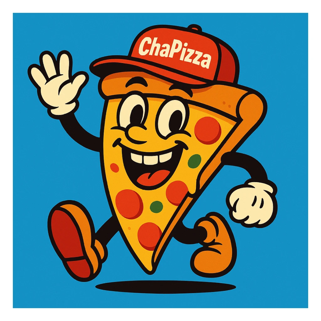 playful pizza slice character with a big smile, wearing a red cap labeled 'ChaPizza', fun colorful cartoon style sticker