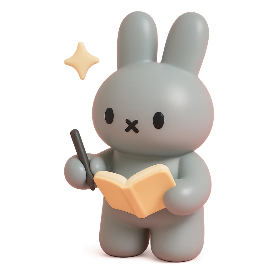 gray bunny writing in notebook with spark of light, vinyl figure style sticker