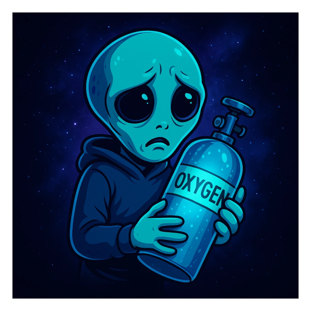 Create a cartoon style image of an alien holding a glowing oxygen tank with a worried face. Use the color palette and vibe inspired by the reference image provided. sticker