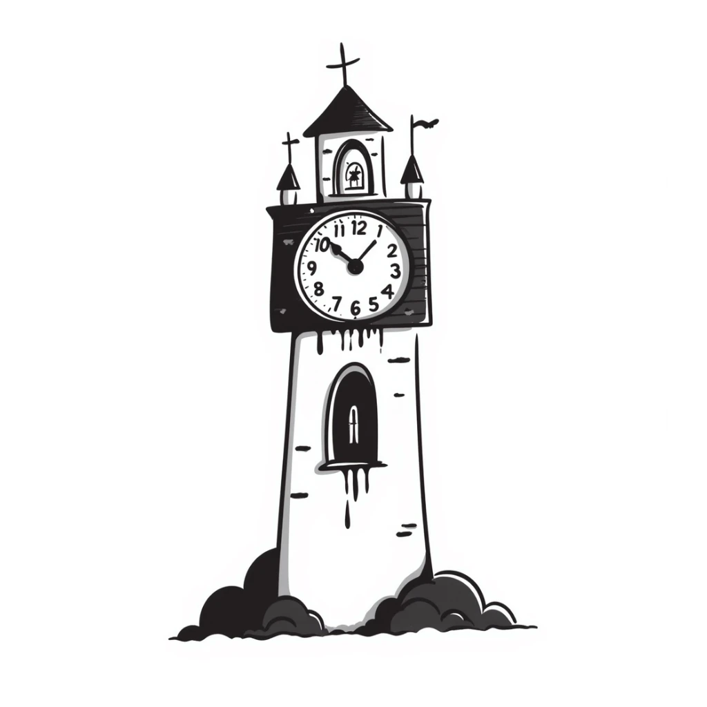 Hand-drawn scary clocktower with blood stains dripping from the numbers, halloween theme sticker