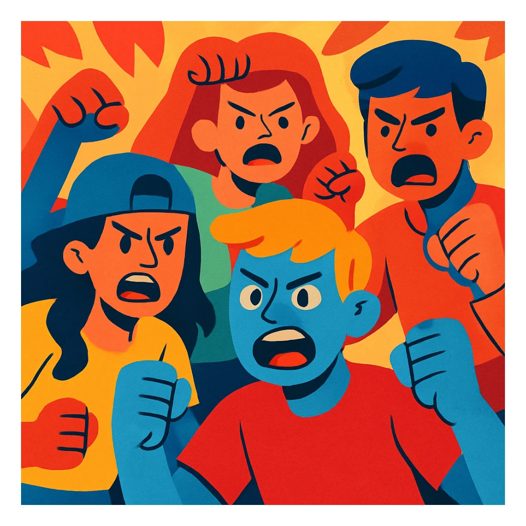 a group of young people showing anger, colorful illustration style sticker