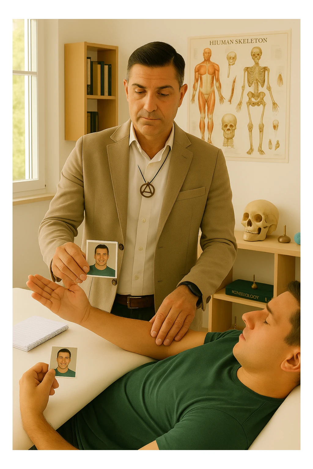 a middle-aged man, dressed in casual professional attire, is in a bright, organized therapy studio. Durante una visita di kinesiologia, il ragazzo tiene con una mano la foto di una persona lontana (il “testimone”) tiene la foto in mano, mentre con l’altra mano esegue un test muscolare su un cliente presente senza foto lui non tiene la foto. Sullo sfondo si vedono libri di kinesiologia, poster anatomici e strumenti tipici della disciplina. L’atmosfera è concentrata e serena, con luce naturale che entra dalla finestra, sottolineando l’aspetto alternativo e umano della pratica. sticker