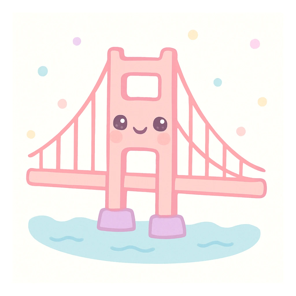 {
  "style_description": {
    "overall_look": "Cute, minimal, and soft with a friendly and playful tone",
    "material_simulation": {
      "primary_material": "flat digital color",
      "texture_detail": "smooth surfaces with no texture or shading",
      "pattern": "none or very simple decorative accents (e.g., hearts, stars)"
    },
    "geometry": {
      "edge_style": "rounded, soft curves with no sharp angles",
      "dimensionality": "flat two-dimensional appearance with simple shapes"
    },
    "color_palette": {
      "scheme": "pastel and light tones",
      "preferred_colors": ["pink", "mint", "lavender", "baby blue", "peach"],
      "contrast": "low contrast with bright accents"
    },
    "facial_features": {
      "eyes": "large, sparkly, often oval or circular",
      "mouth": "small, often a simple curve or dot",
      "expression": "joyful, innocent, or calm"
    },
    "lighting": {
      "type": "none or implied with soft highlights",
      "purpose": "maintain a clean and cheerful look"
    },
    "render_constraints": {
      "avoid": ["realistic shading", "high detail", "dark themes", "texture noise"],
      "focus_on": ["cute expression", "iconic simplicity", "emotional warmth"]
    },
    "background": {
      "color": "white or soft pastel",
      "style": "plain or patterned with simple icons (e.g., polka dots, stars)",
      "lighting_consistency": "no shadows, evenly lit feel"
    }
  }
}

{subject} = golden gate bridge sticker