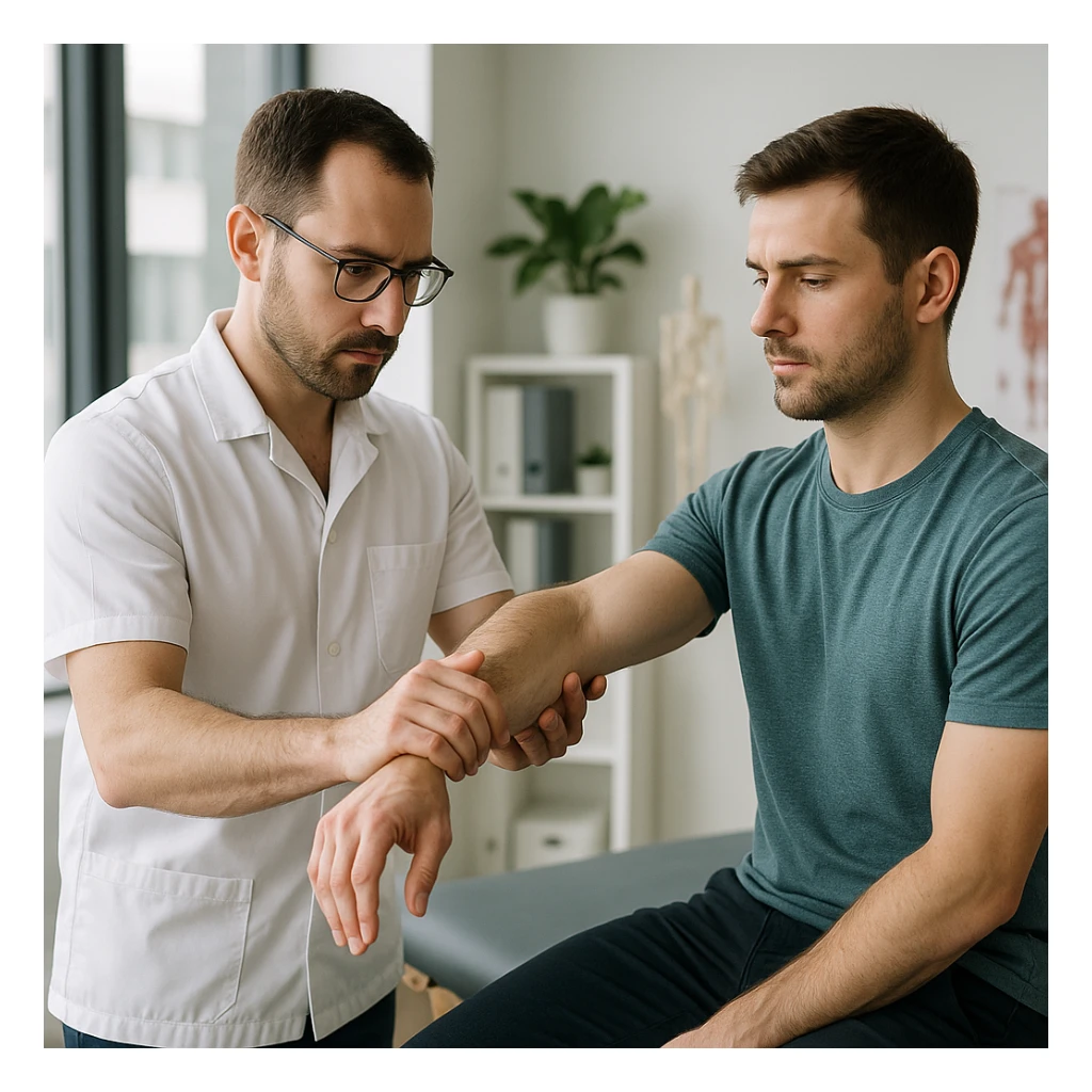 realistic kinesiologist performing a kinesiological evaluation on a patient in a modern clinical environment, professional details, natural light, inspired by reference photo https://attic.sh/r66tucayi7ewfjges2vhulor9bux sticker