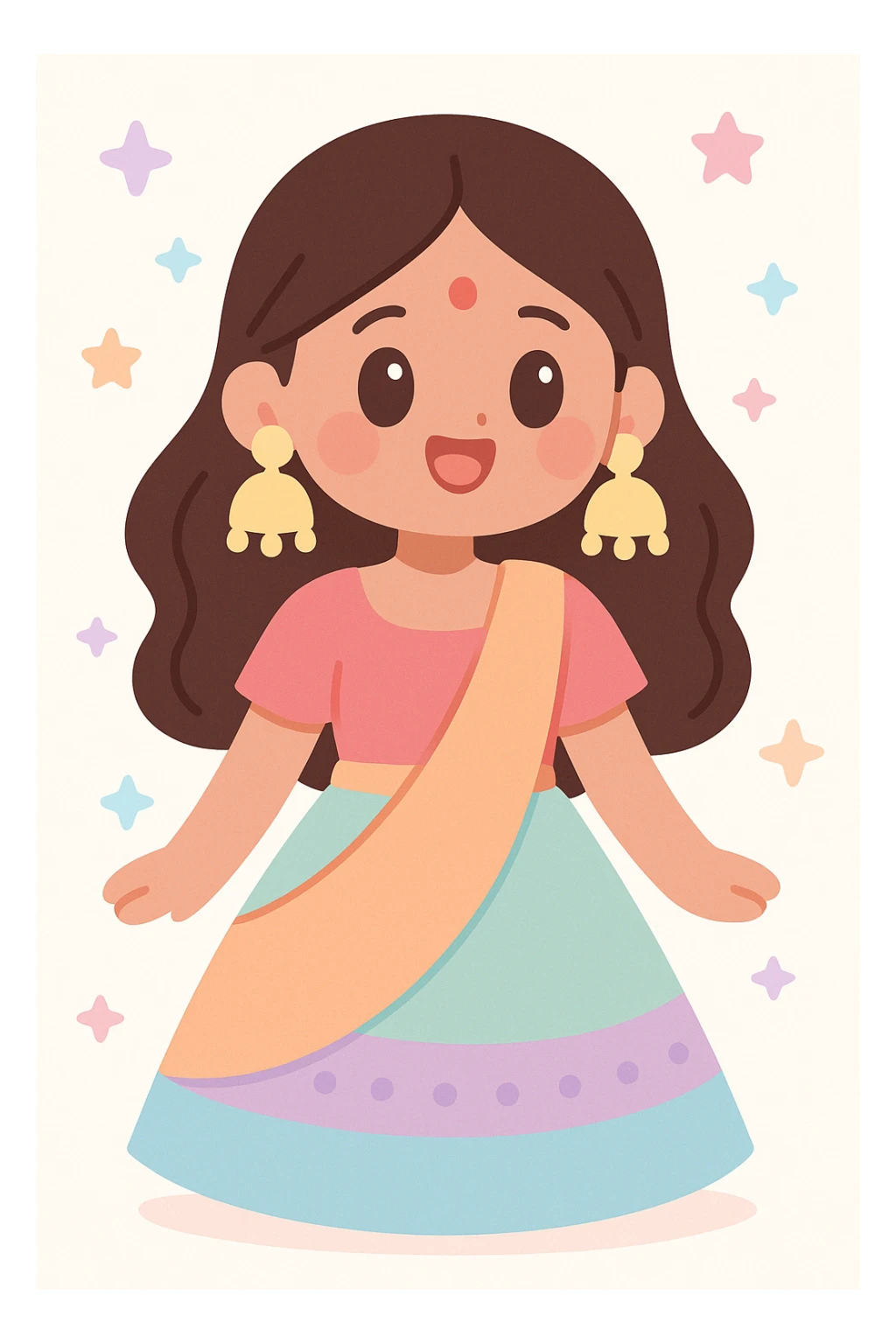 young Indian woman in a festive lehenga, bindi on forehead, big statement earrings, joyful and festive look sticker