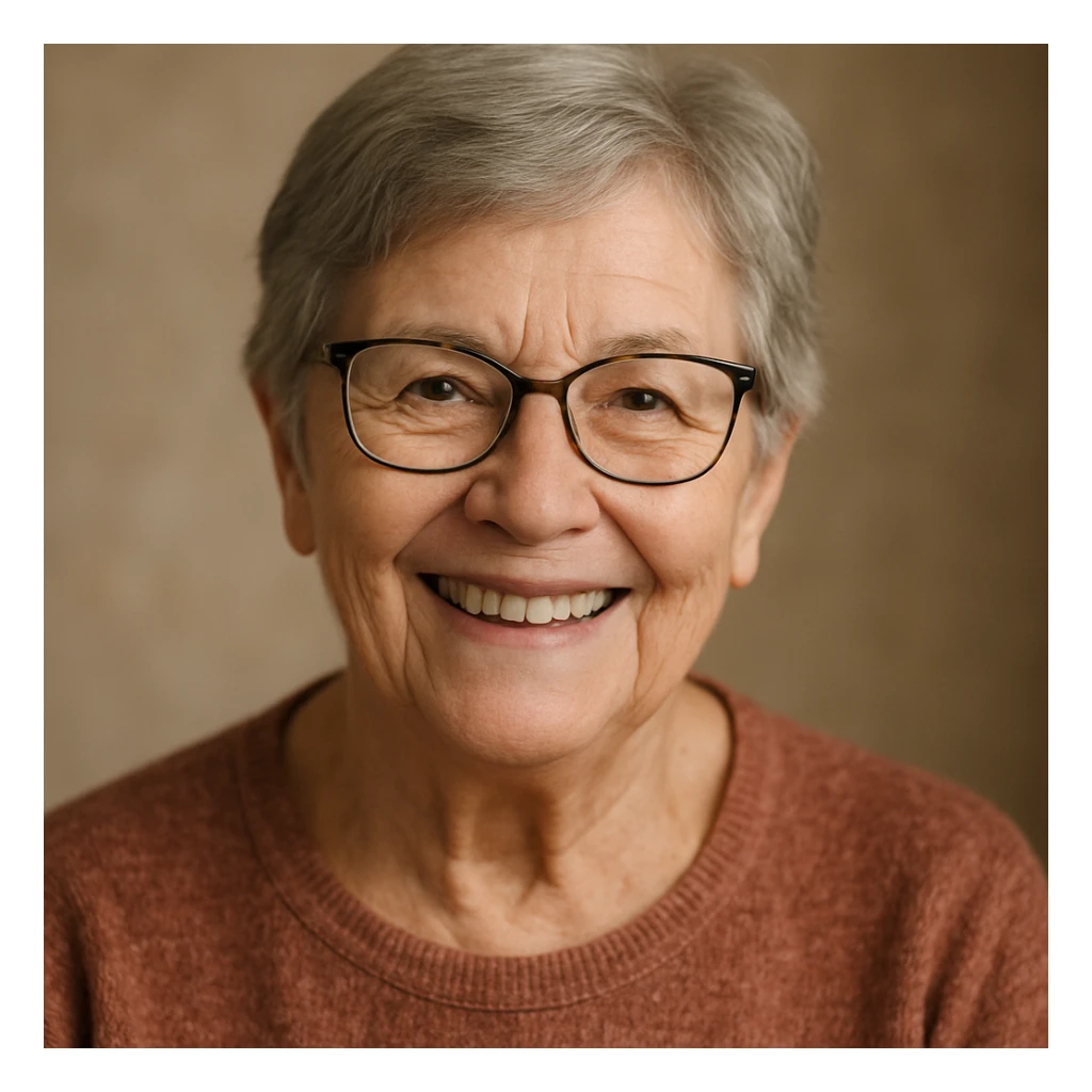 elderly woman with glasses, smiling, short gray hair sticker