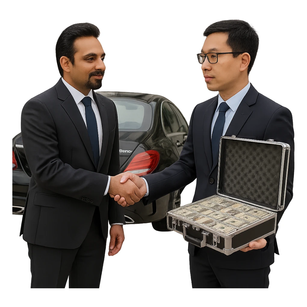 Remove the background so the scene is on a transparent background. The scene shows a light-skinned Indian man with a goatee shaking hands with a Chinese man, giving him a briefcase of money, with an AMG car behind the Indian man. sticker