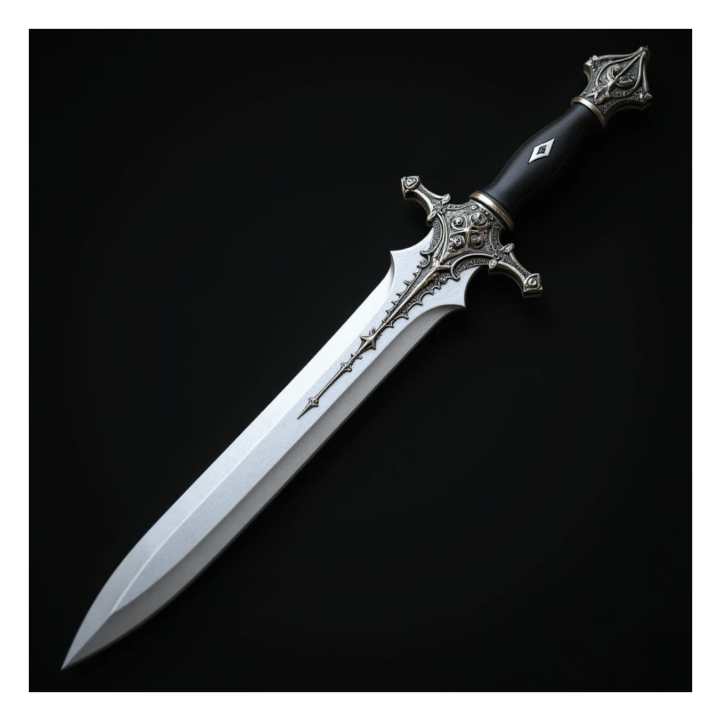 realistic gothic dagger, silver blade, ornate black handle, photorealistic style sticker