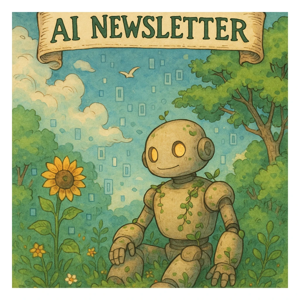ghibli style newsletter about AI, whimsical robot and nature blending with digital motifs sticker