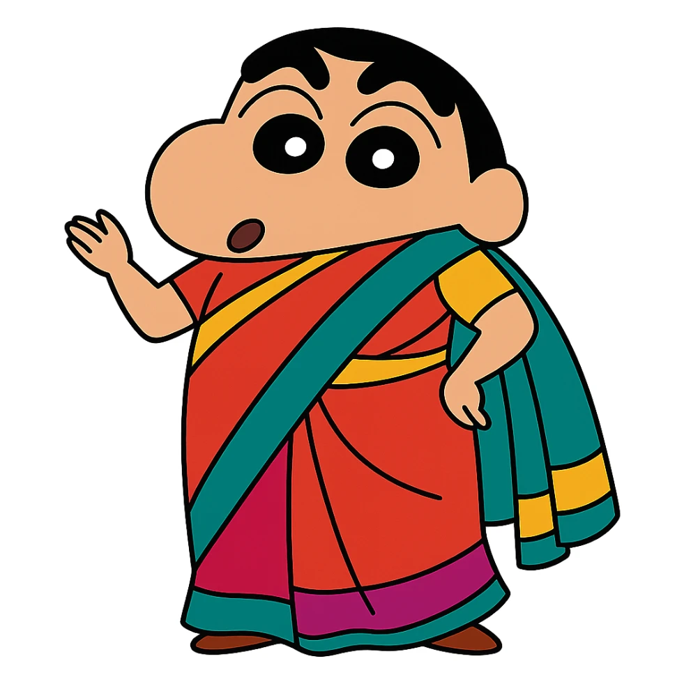 Shinchan character wearing a colorful saree, cartoon style sticker