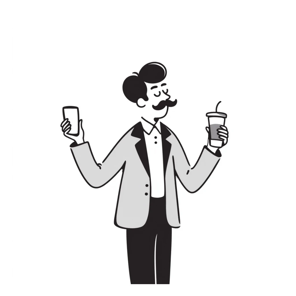 Wall Street finance bro with ridiculous oversized mustache, wearing expensive suit, holding phone and coffee sticker
