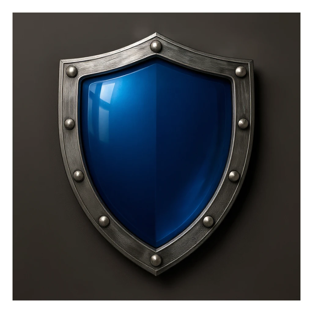 Change the shield to a heater shape, keep the perspective exactly straight forward, very reflective deep blue glass center, metallic border, no background, no symbols, no sword, match the realism and gloss of the reference images. sticker