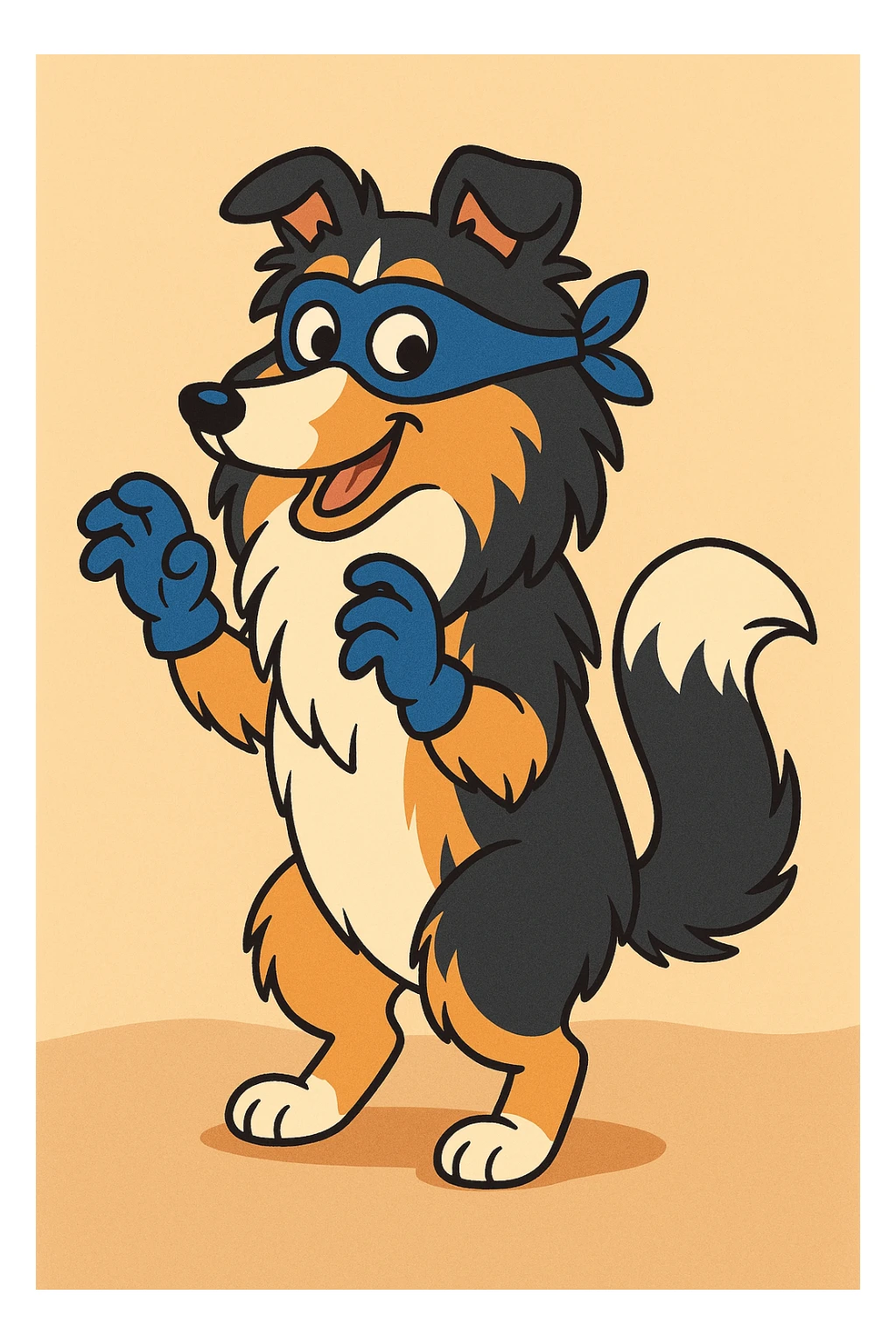 A tricolor Shetland Sheepdog dressed as Swiper the fox, complete with blue mask, blue gloves, and orange fur, mischievous pose, cartoon style sticker