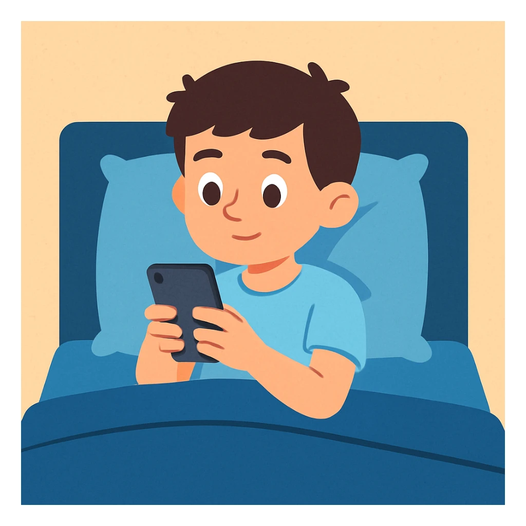 flat toon style boy in a blue bed, on his phone, wearing a light blue t-shirt sticker