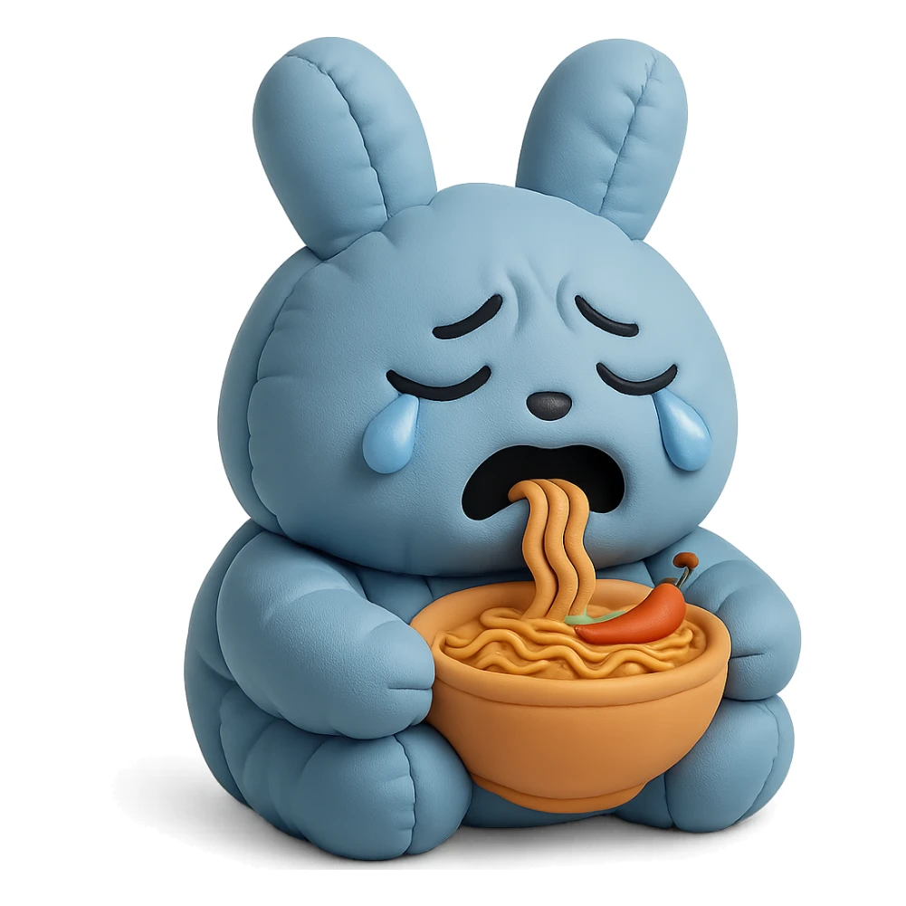 blue bunny crying while eating spicy ramen, cushion style sticker