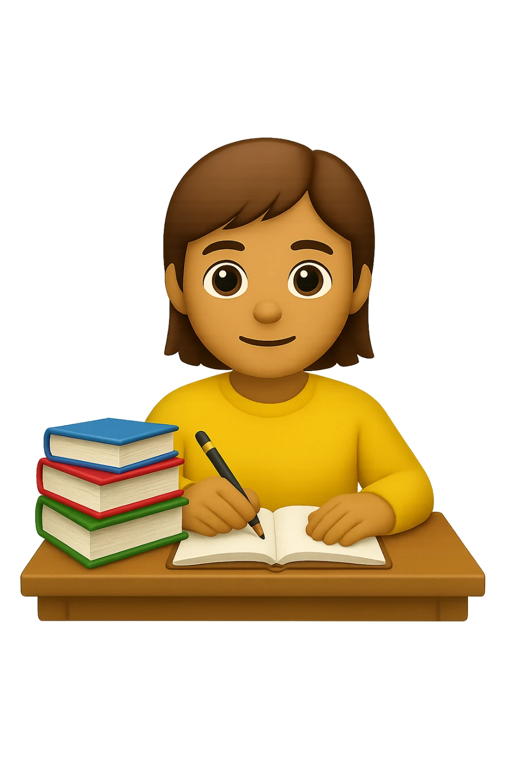 Edit the image to depict a student working at a desk with a stack of books on the desk in the style of apple emojis. Maintain the apple emoji style and add a stack of books on the desk clearly visible. sticker