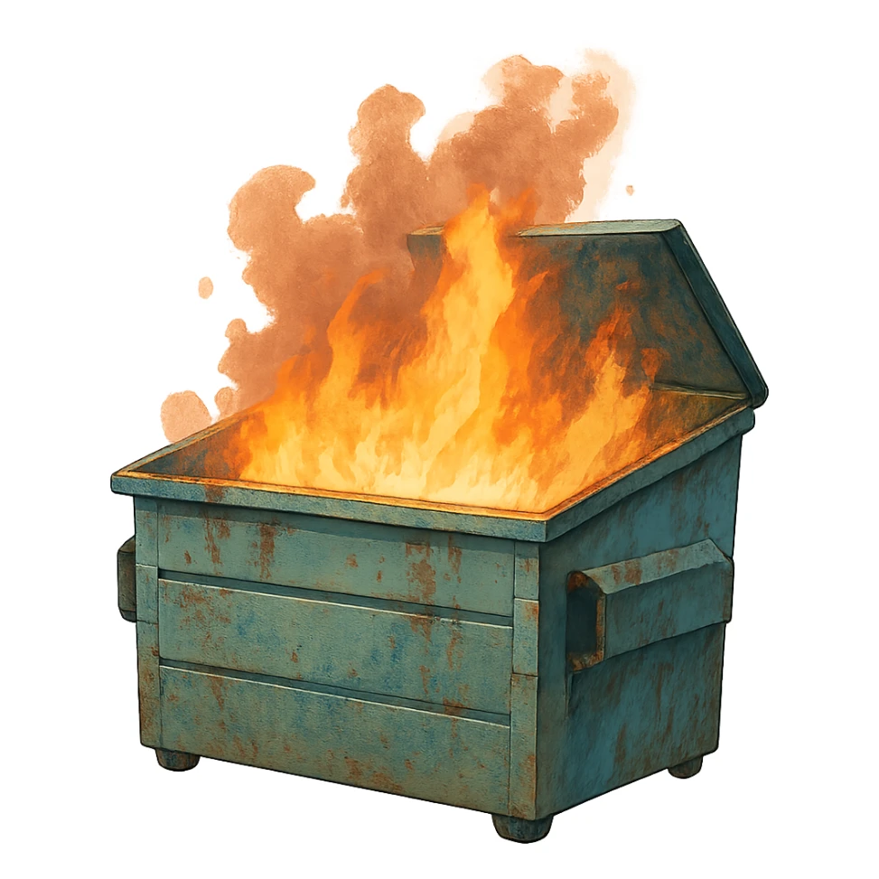 a dumpster, no lid, the lid is open, on fire sticker
