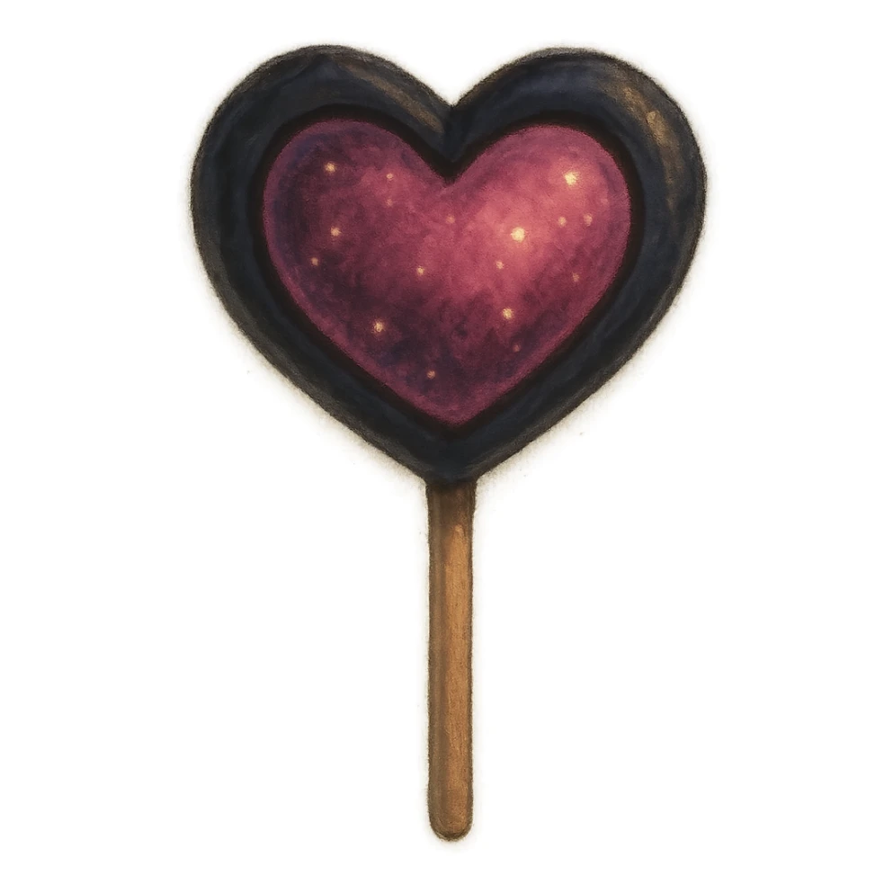 heart-shaped lollipop in black and pink, soft painterly look, magical atmosphere sticker
