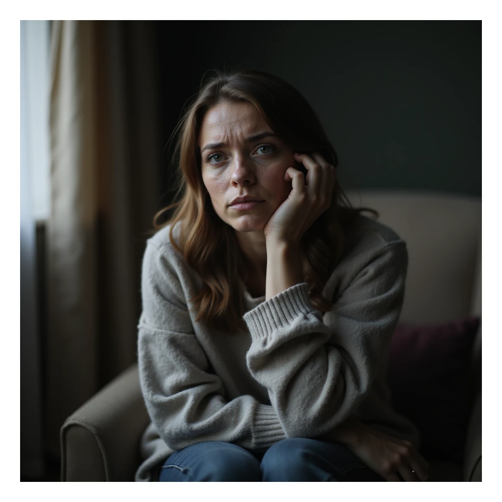 woman seated with exhausted expression, head resting on one hand, marked dark circles, pale skin, realistic environment, hyperrealistic 4K details, vertical 9:16 format sticker