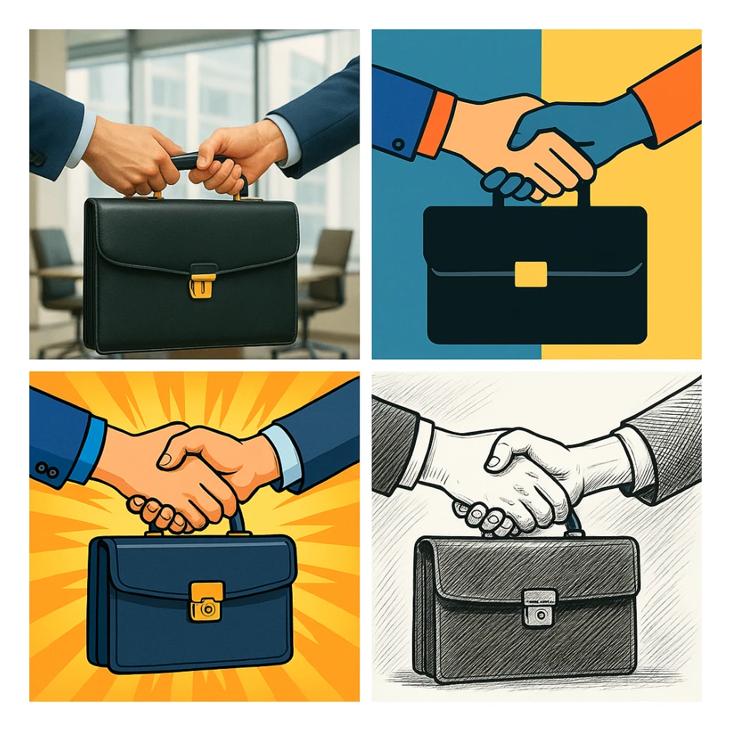 Two hands exchanging a briefcase, symbolizing the completion of a business agreement, in four distinct visual interpretations. sticker