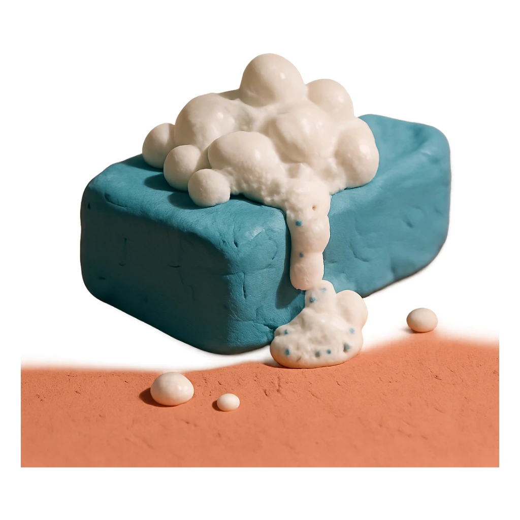 cleaning sponge with soap bubbles, pastel palette, visible clay texture in claymation style sticker