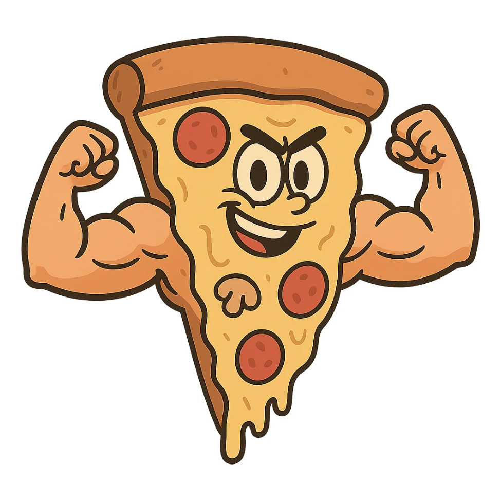 slice of pizza with big muscles, flexing arms, fun and bold style sticker