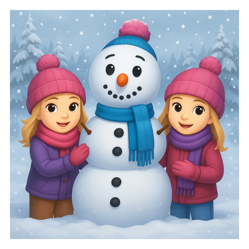 Add a snowy background behind the kids building a snowman, keep the original emoji style sticker