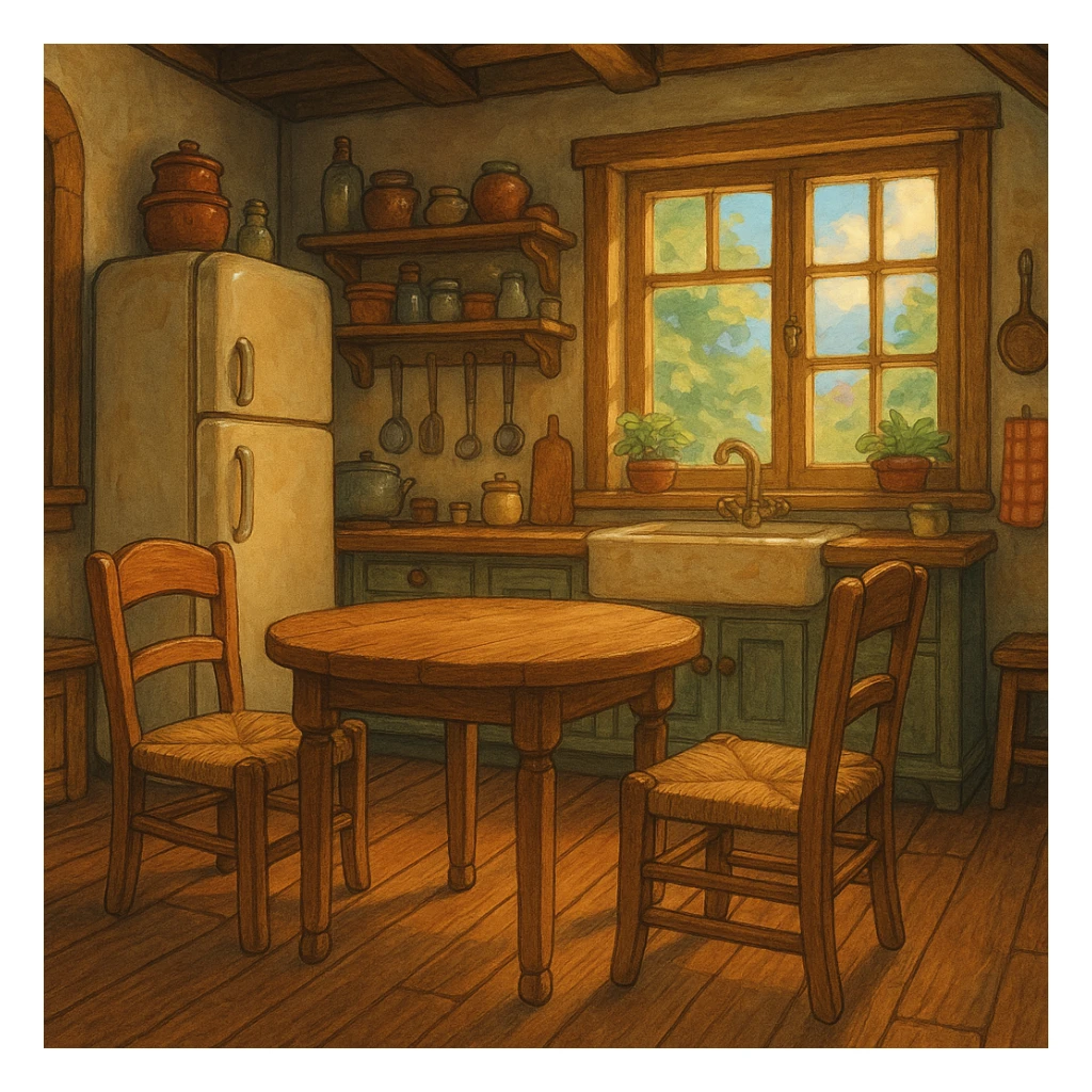 kitchen room with refrigerator, table, and chairs in ghibli style sticker