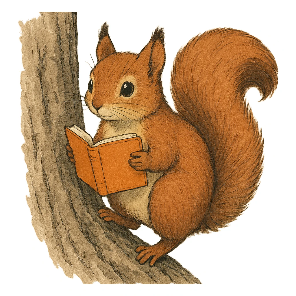 A cute brown squirrel with an orange book, studying at Siberian Federal University, climbing a tree, full body, detailed fur, intelligent and beautiful sticker