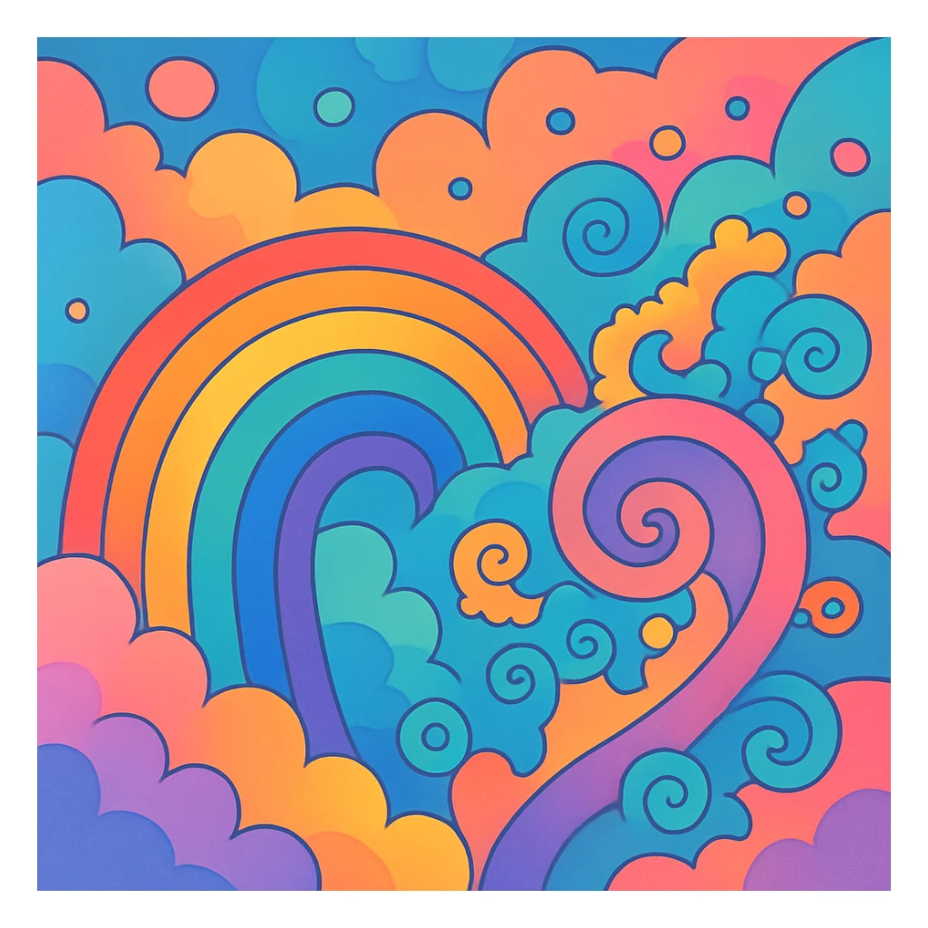 funky rainbow fractal, soft gradients, flowing, dreamy, colorful, vibrant toon style sticker
