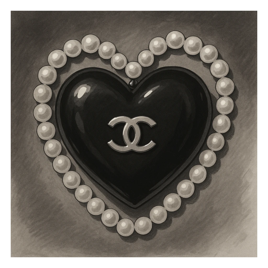 glossy black heart with a string of pearls around it, featuring a silver Chanel logo in the center, elegant, black and white color scheme, ghibli style sticker