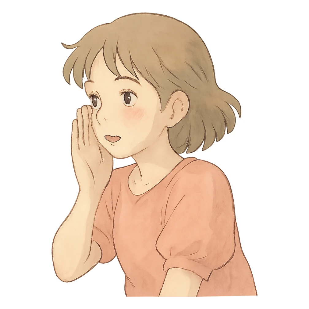 ghibli style character whispering, soft colors, gentle expression sticker