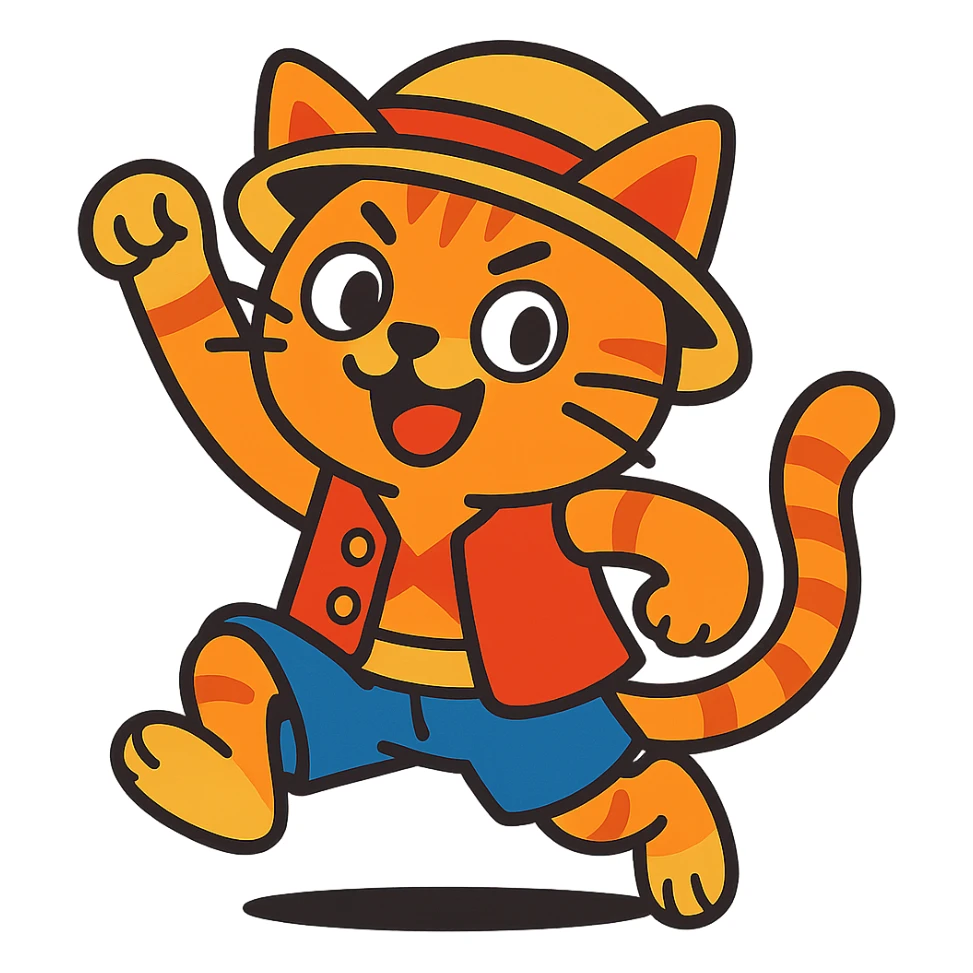 cat dressed as Luffy from One Piece, wearing a straw hat and red vest, playful pose, vibrant colors, no background, cartoon style sticker