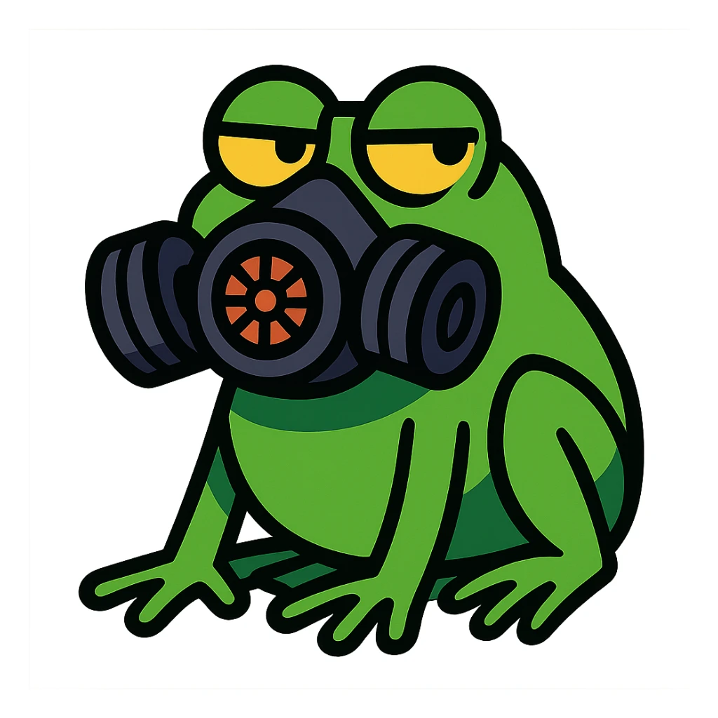 a frog wearing a gas mask, looking suspicious sticker