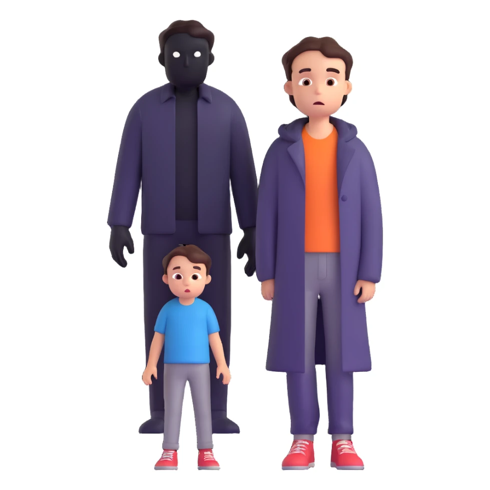 a scared child with a man silhouette behind the back sticker