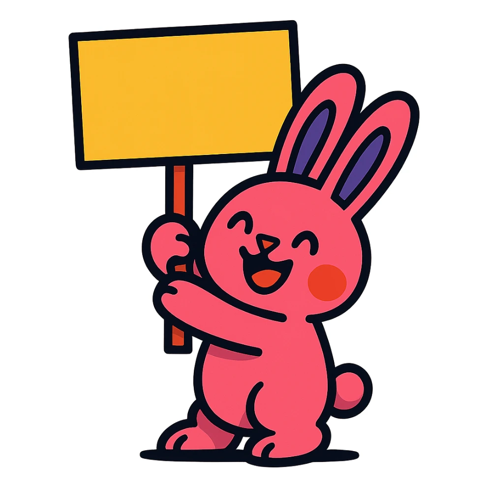 rosy bunny holding signboard high, vibrant-toon style sticker