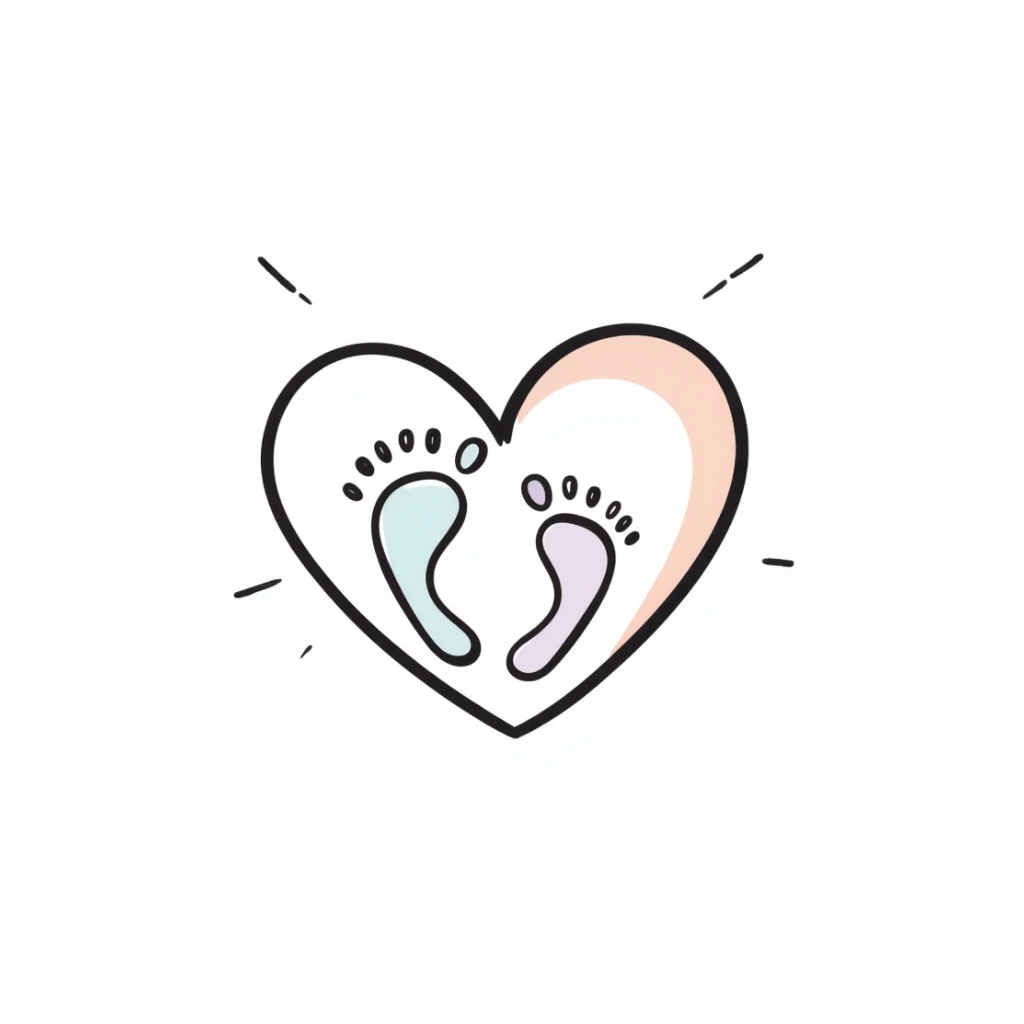 Simple, tasteful maternal symbol with a heart and tiny baby footprints. Hand-drawn doodle style using pastel colors (pink, light blue, lavender, peach). Gentle design representing motherhood and pregnancy. Sweet illustration with soft, nurturing elements. sticker