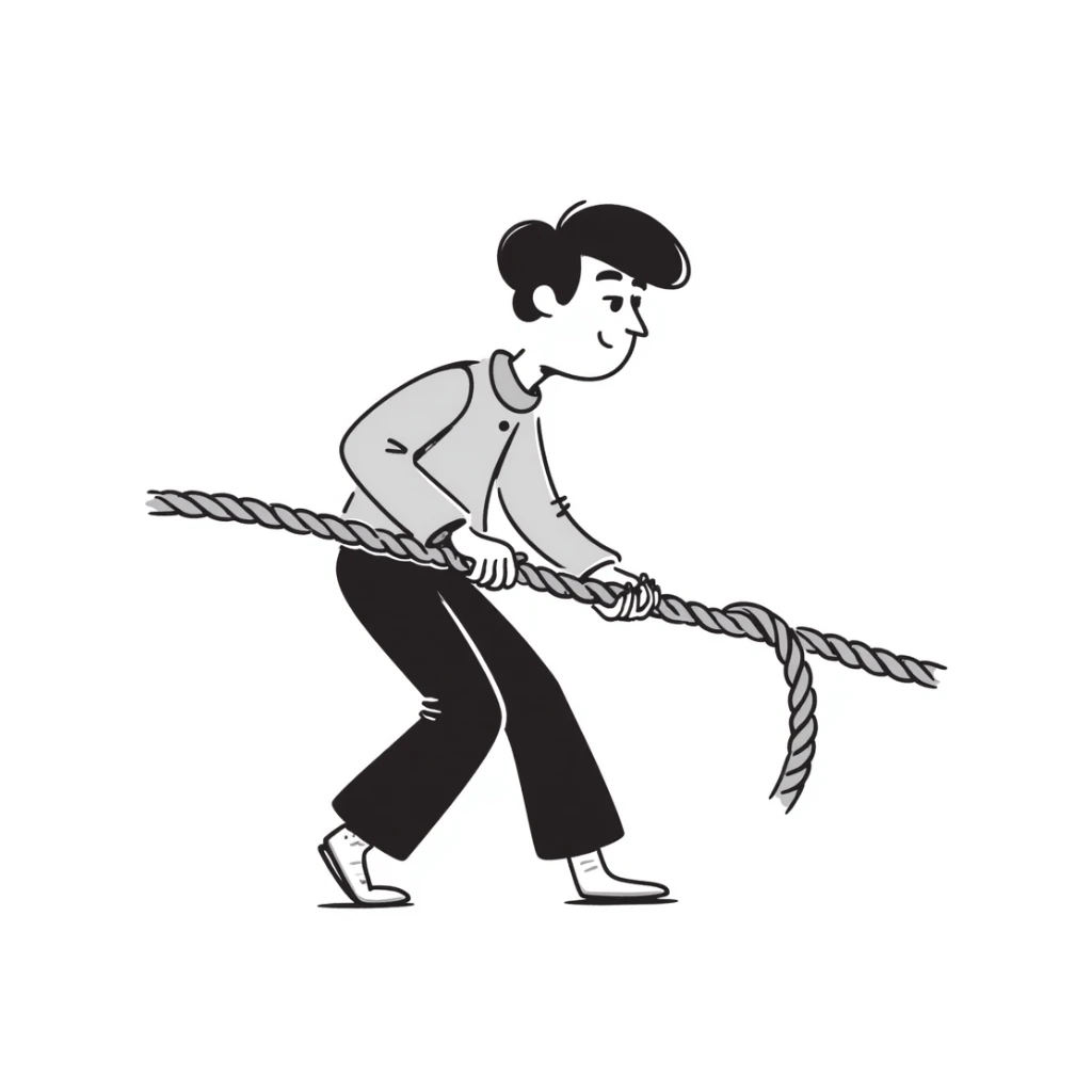 hand drawn doodle of a guy struggling to pull a rope, expressive pose, black lines, notion style, no color sticker