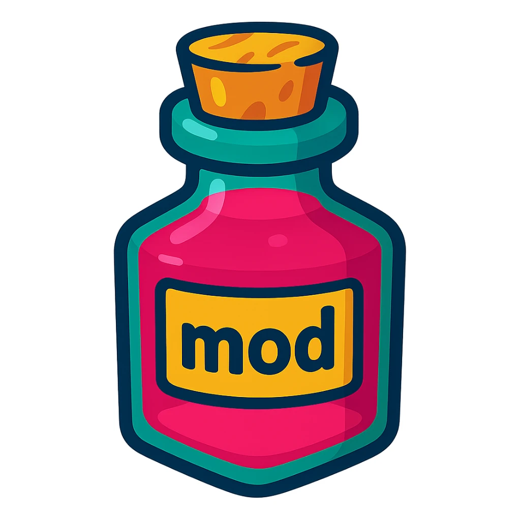 elixir bottle with a label showing the text 'mod', playful, cartoon style sticker