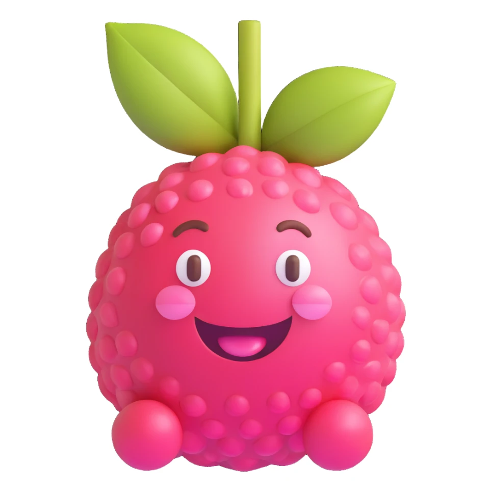 Adorable 3D lychee fruit character with round white cartoon face, shiny eyes, pink cheeks, big smiling mouth, bright pink-red bumpy glossy skin, small brown stem, toy-like, Pixar-style, colorful, fun, realistic lighting sticker