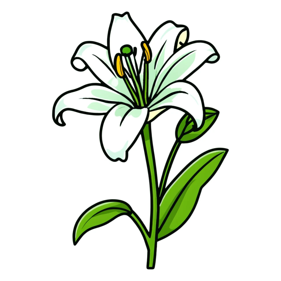 Pure white lily flower with accurate six-petal structure, visible stamens, and green foliage sticker