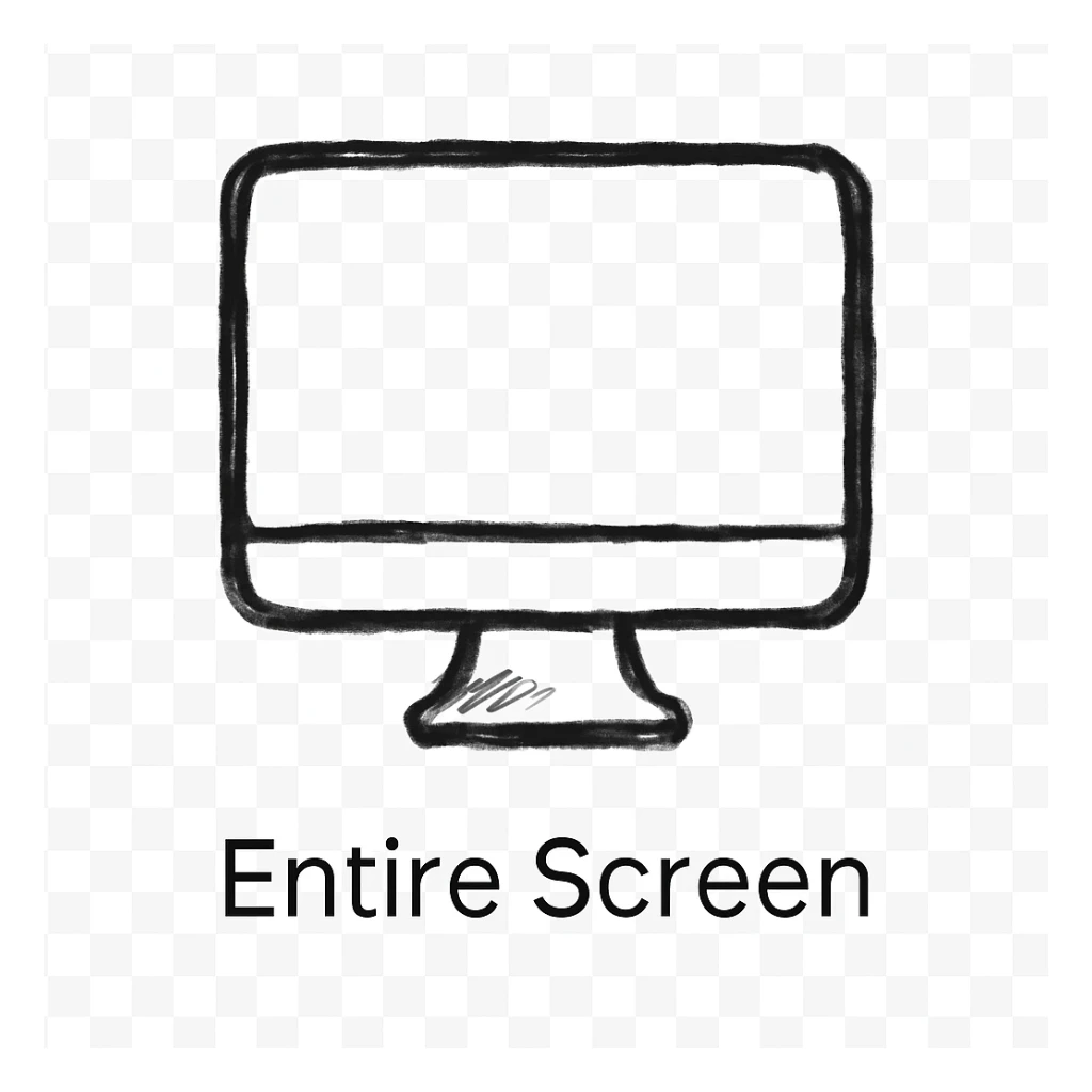 A flat-style vector icon of a desktop monitor viewed head-on, using a simple black outline on a white background to represent “Entire Screen” capture, with the label “Entire Screen” centered below the icon in a clean, modern sans-serif font. Ensure crisp lines, balanced spacing, and a consistent stroke weight for a polished UI look. sticker