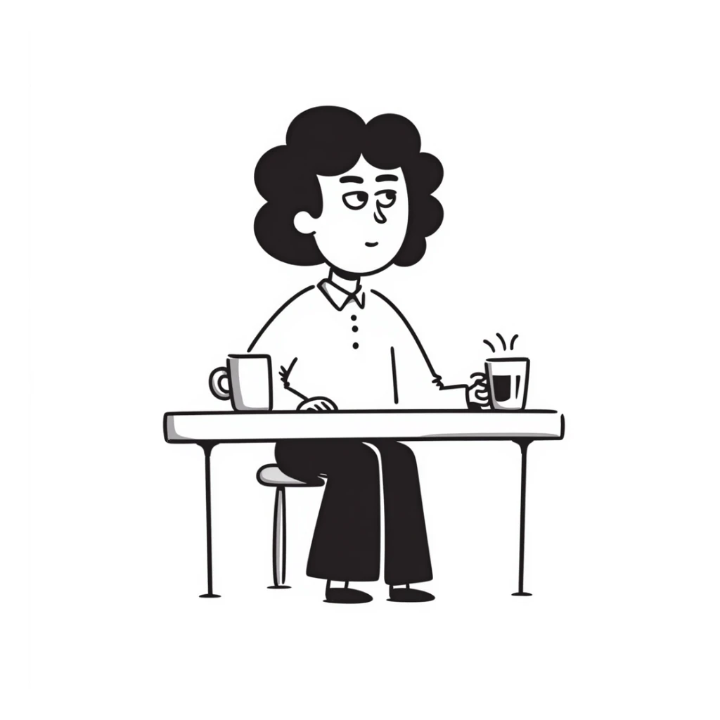 Office boss sitting at desk with coffee mug, looking authoritative sticker