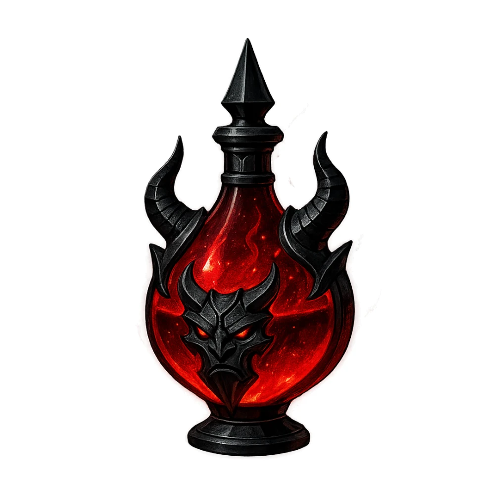 modernus prabangus eliksyro buteliukas, raudono demono lašo forma, Discord edgy ir cool stilius, tamsiai raudona spalva, juodi ir sidabriniai ornamentai, stiprūs magiški švytėjimai ir efektai, labai mažas kaklelis, skaidrus fonas, vientisas dugnas, be šešėlio, plūduriuoja ore, kolekcijos stilius sticker