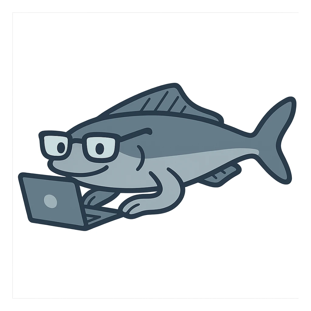 flat toon style remora fish with glasses and a laptop sticker