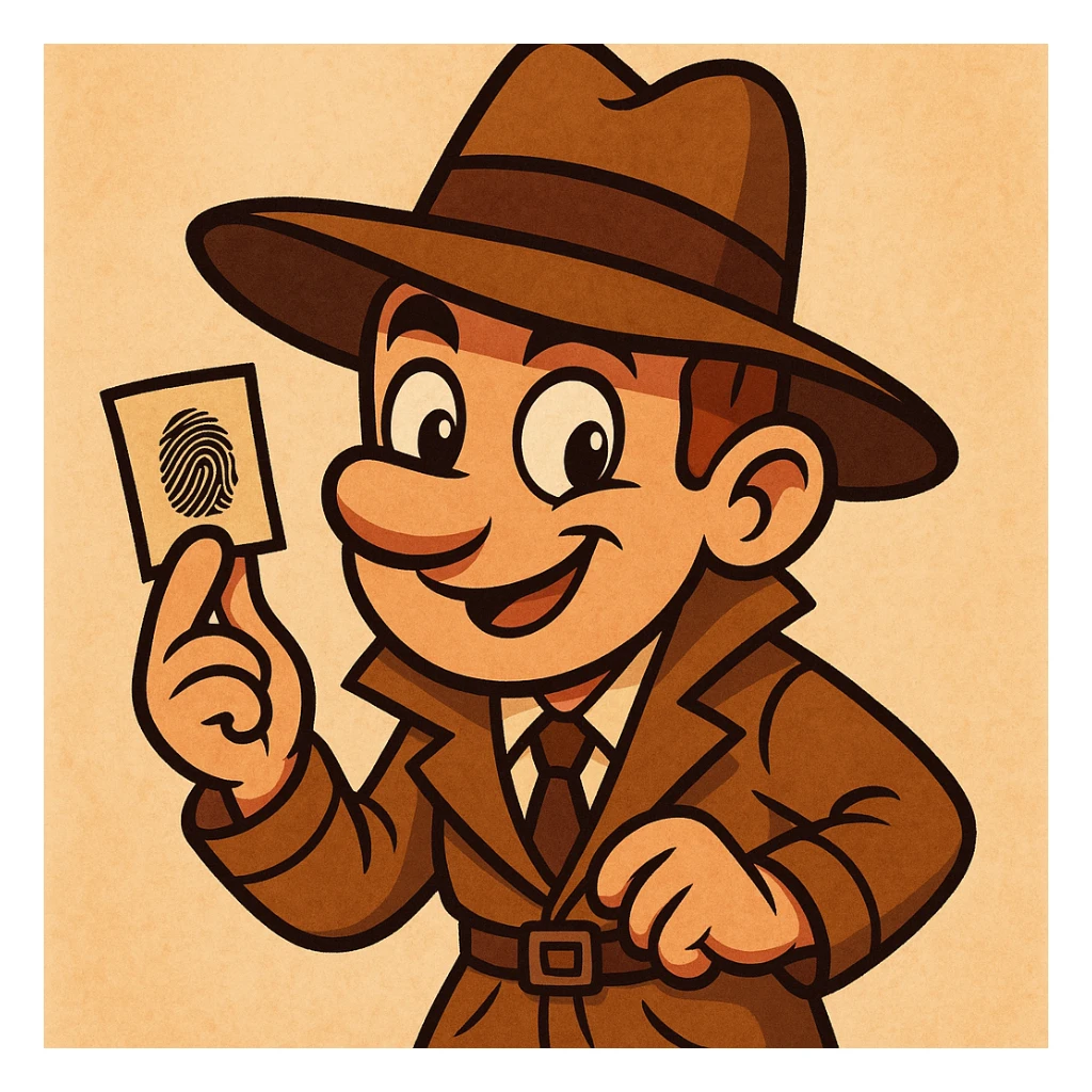 detective character in cartoon style, wearing an oversized hat, playful look, holding a clue sticker