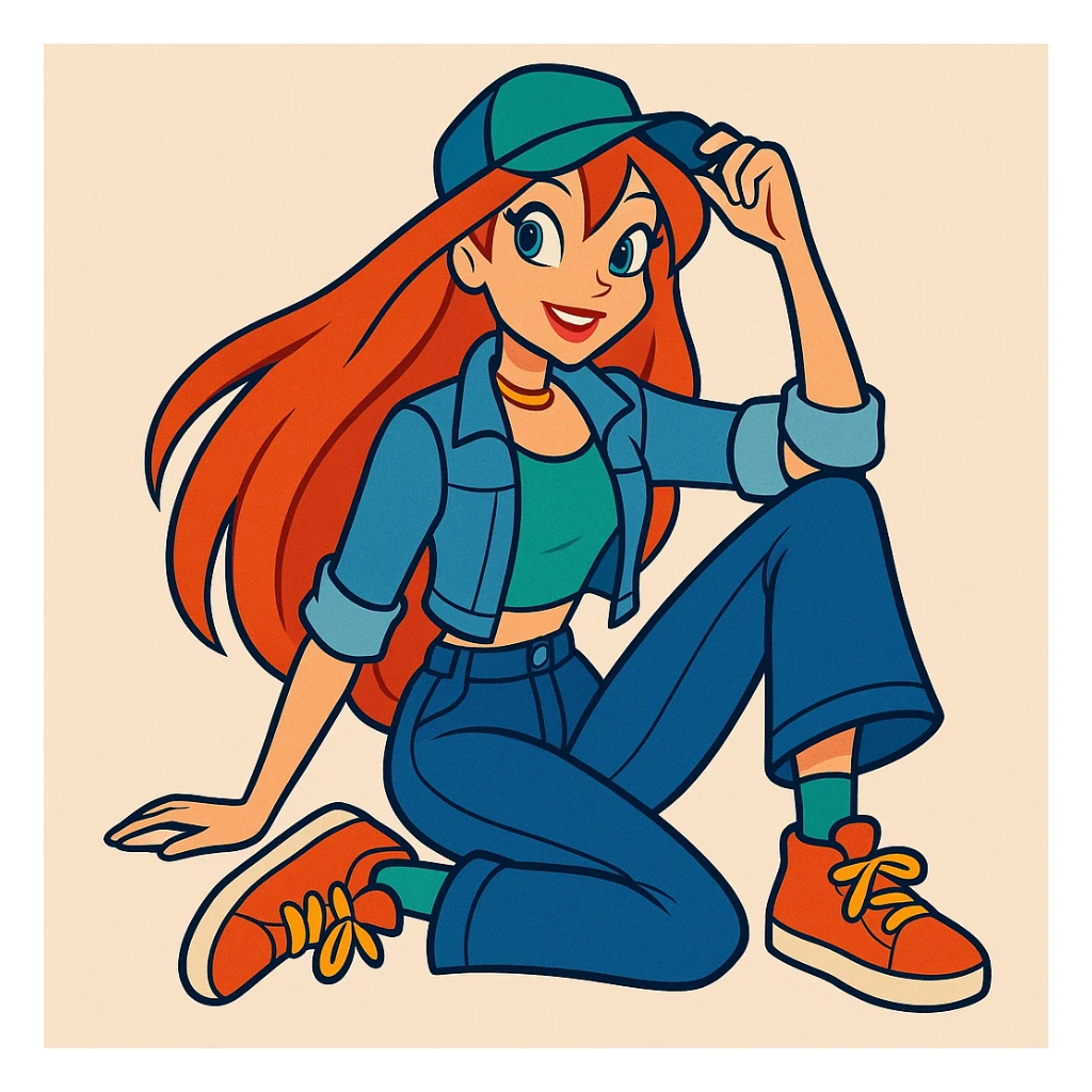 Bloom from Winx Club in casual clothes, sitting pose, vibrant toon style, no magical effects, trendy outfit, cheerful mood sticker