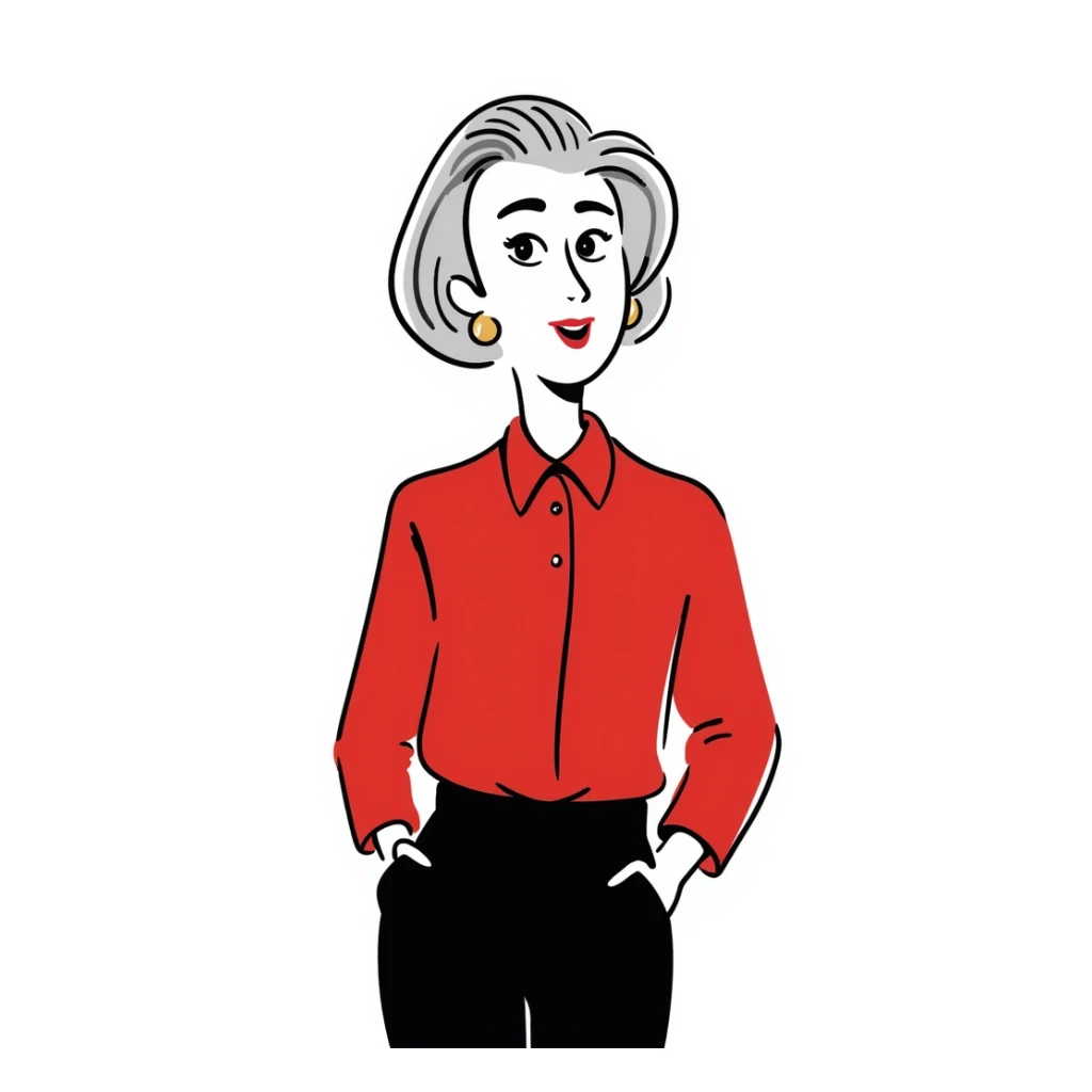 Sophisticated senior woman in her 70s with radiant complexion, elegant silver-gray bob haircut, hazel eyes, defined cheekbones, wearing vibrant red lipstick and a structured red blouse sticker