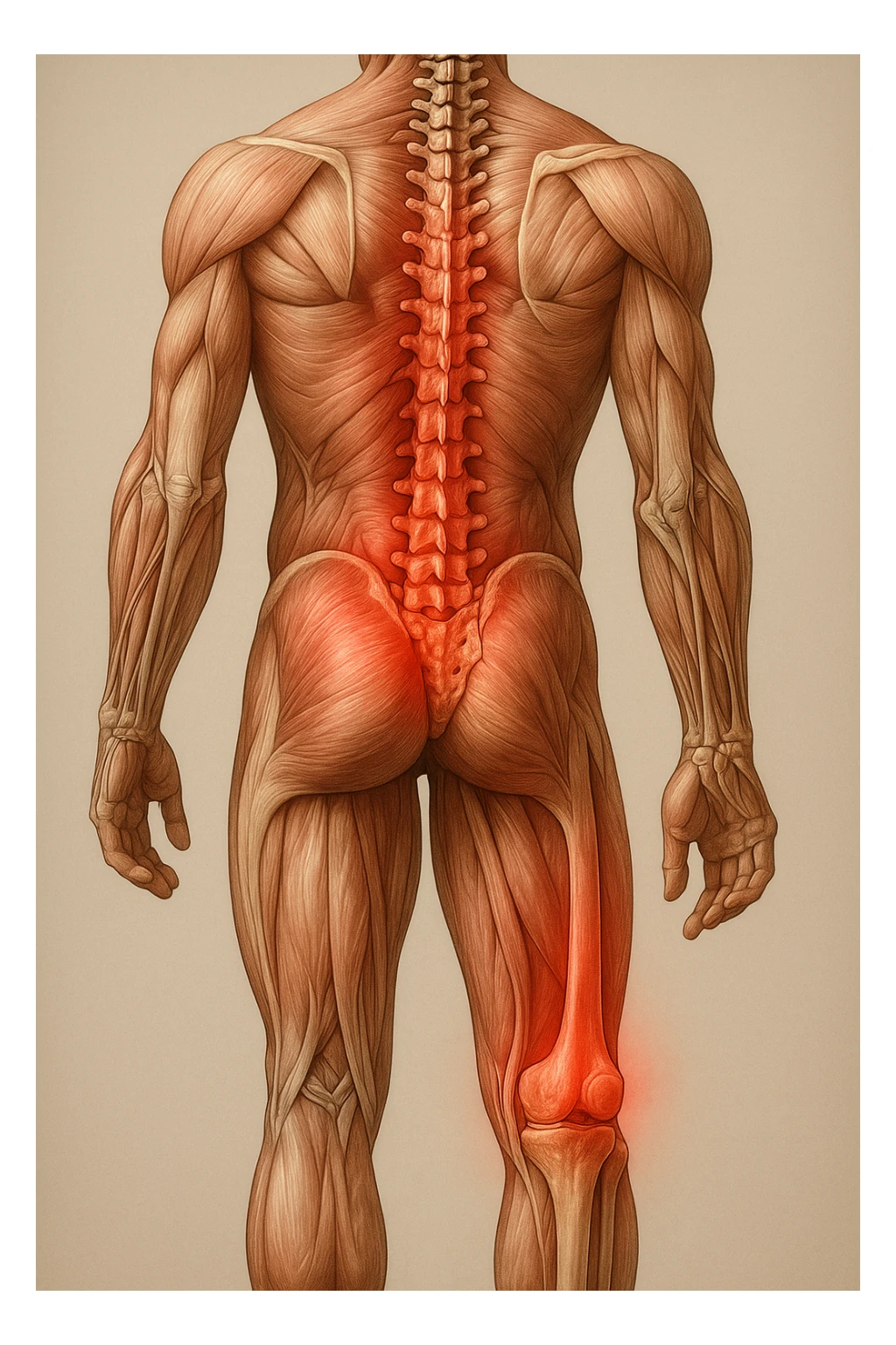 corpo umano anatomico con mal di schiena e al ginocchio, iperrealistico 4k sticker